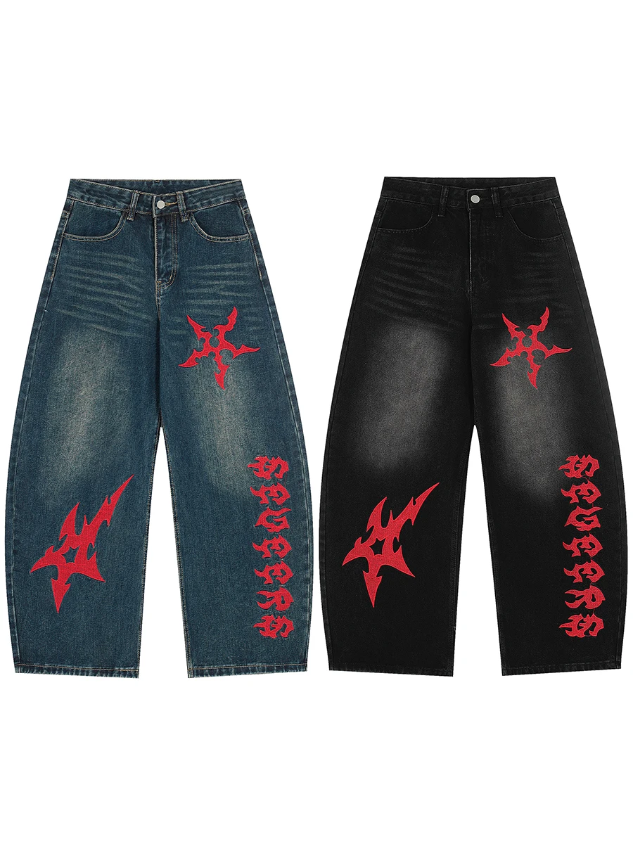 

Retro American Totem Embroidery Wide Leg Jeans Loose Fit Floor-Length Knife Denim Pants Casual Straight Leg Trousers