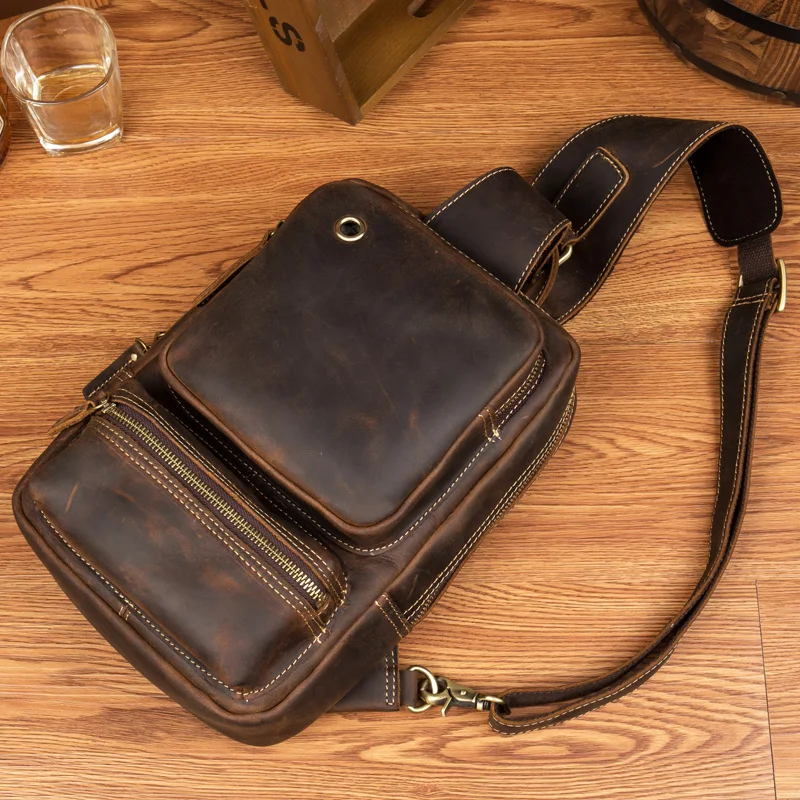 Retro handmade leather chest bag men's leather crossbody bag crazy horse leather chest bag with leather shoulder bag