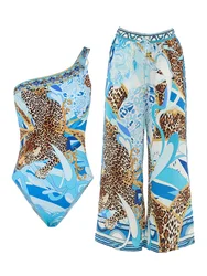 Maiô azul estampa leopardo para mulheres, biquíni de uma peça, slim fit, design de moda, design fresco, 2024