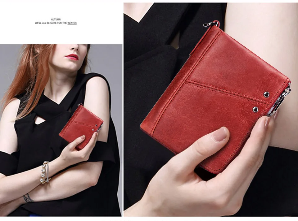 RFID Card Holder Wallet for Men Genuine Leather Small Money Bag Luxury Double Zipper Coin Pocket Quality Male Clutch Carteira