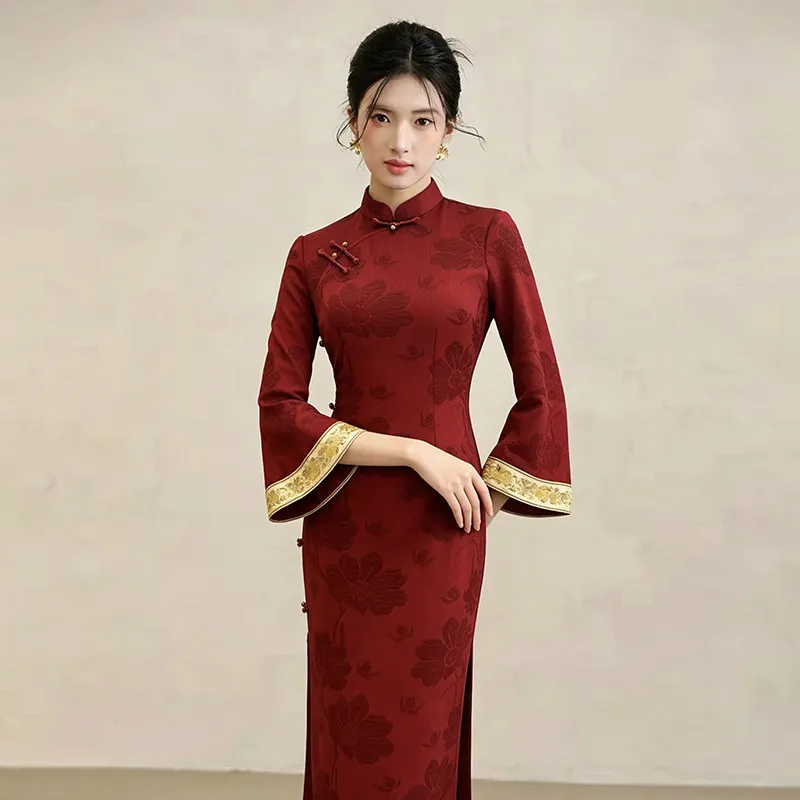Red National Style New Chinese Suzhou Long sleeved Cheongsam Improvement for Young Women Autumn/Winter Qipao Dress