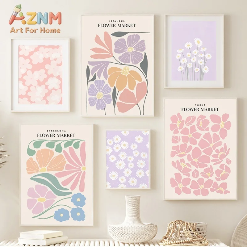 AZNM Boho Flower Market Canvas Wall Art Pastel Floral Daisy Print Painting for Living Room Bedroom Aesthetic Home Decor Unframed