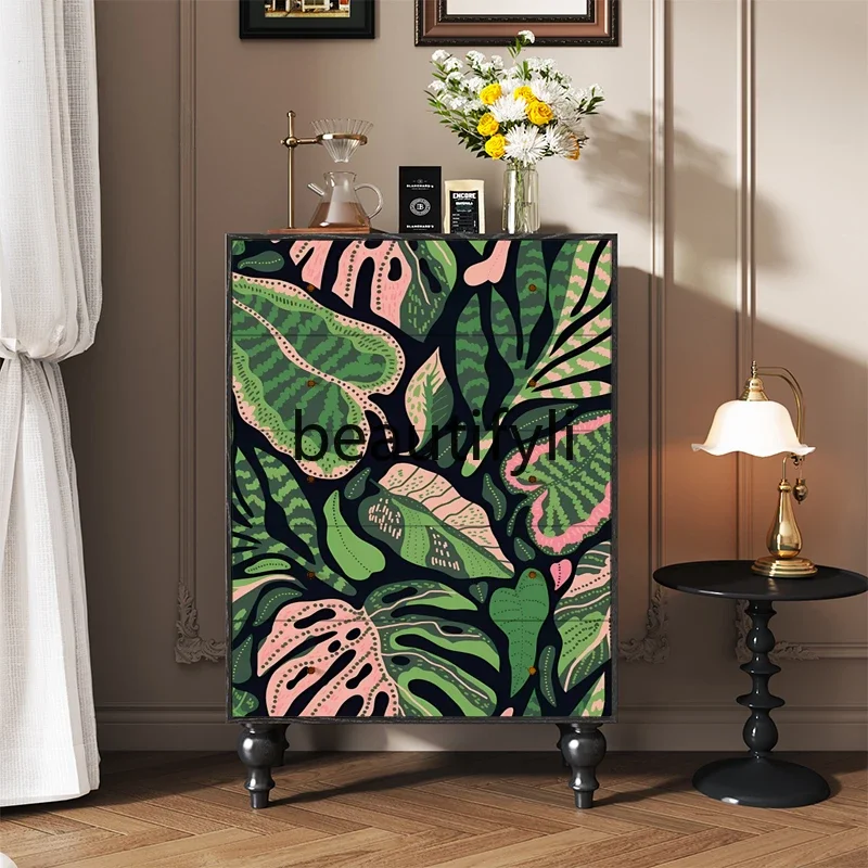 French painted leaves porch decorative storage cabinet solid wood five buckets drawer storage cabinet