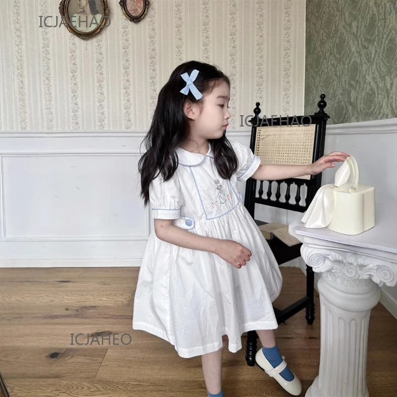 

Teen Girl Clothes Children Girls Collar Dress Preppy Style Kids Embroidery Outfit Summer Costume Short Sleeve Princess Dresses