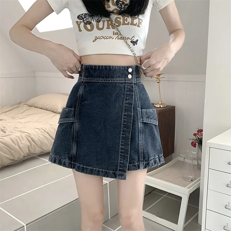 Oversized High Waist Denim Shorts for Women Summer Irregular Fashion Retro A-Line Versatile Skorts Streetwear Chic Pockets Short