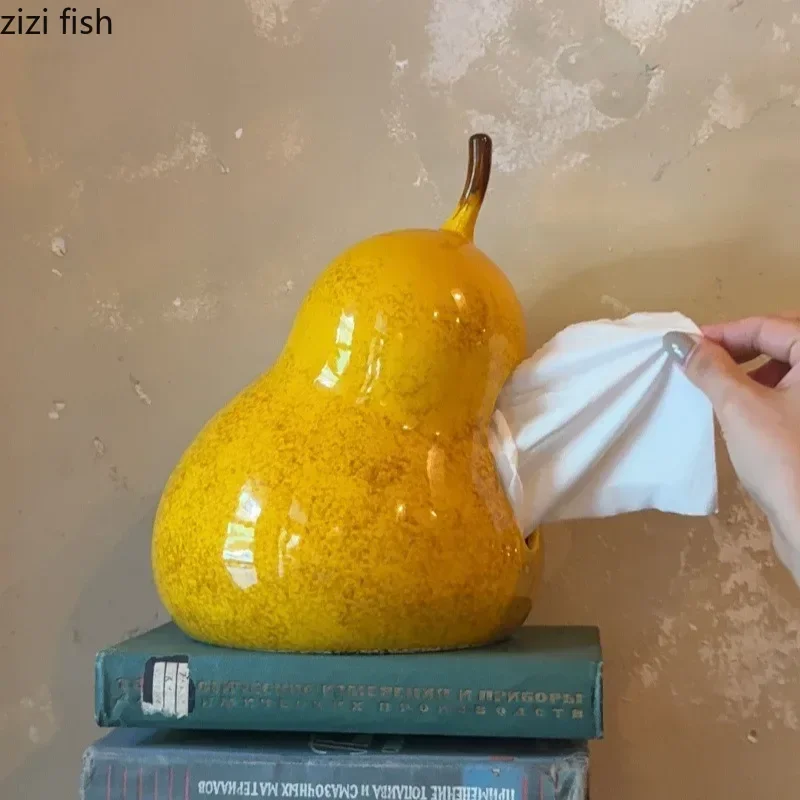 Yellow Pear Ceramic Tissue Box Fruit Napkin Dispenser Tissue Holder Paper Towel Container Living Room Decorative Ornaments