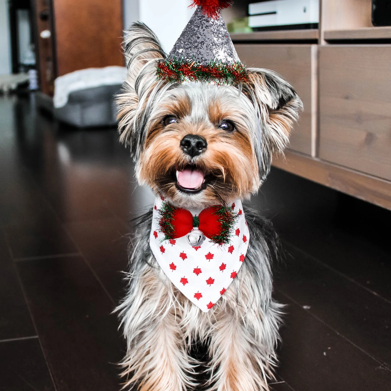 

1Set Christmas Pet Hat Bow Tie Wear Resistant Polyester Bell Sound Dog Cat Costume Supplies Pet Hat Cat Dog Cap