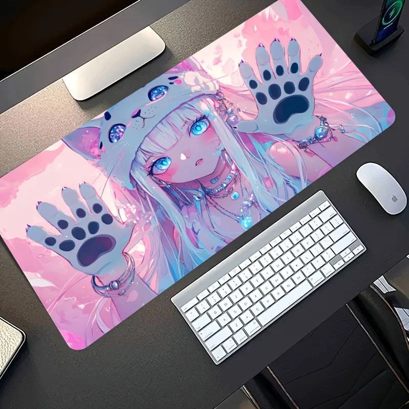 

Cute Pink-Blue Cat-Ear Girl Gaming Mouse Pad - Non-Slip, Washable Rubber Base，Stitched Edges for Gaming & Office