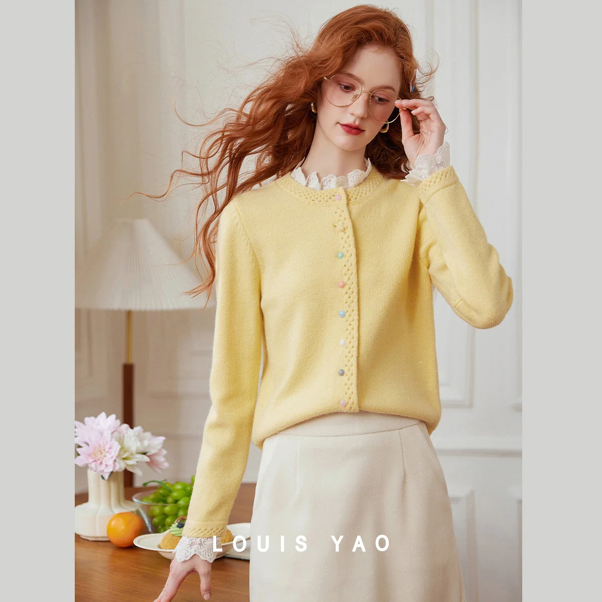 

LOUIS YAO Lace Splicing Single Breasted Knitted Cardigan 2025 Autumn/Winter Gentle Knitted Outwear Women's Knitted Sweater