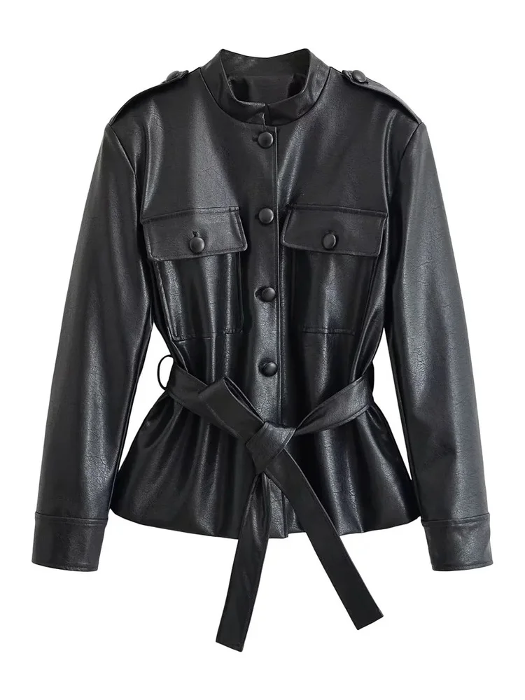 AACHOAE Women PU Leather Jacket Belted Waist Coat Stand Collar Button Front Long Sleeve Casual Vintage Faux Leather Outerwear