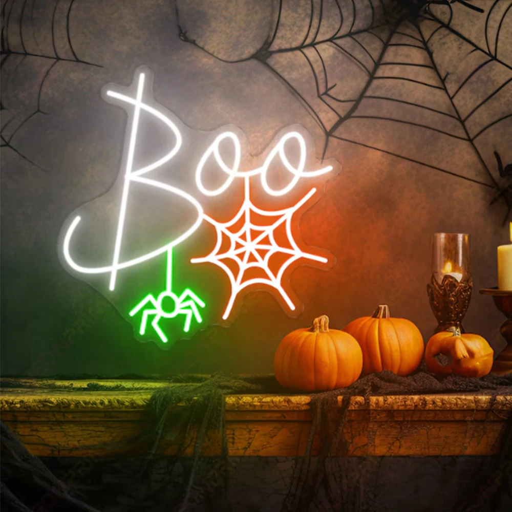 

BOO Neon Sign Spider Halloween Decoration Led Light Up Sign For Halloween Party Living Room Dimmable Wall Decor Gifts For Kids