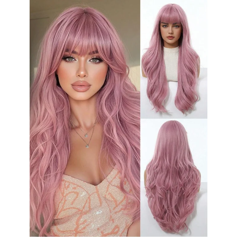 

28-дюймовый розовый волнистый парик с челкой, длинный синтетический парик естественного вида для повседневного ношения, косплея, термостойкий