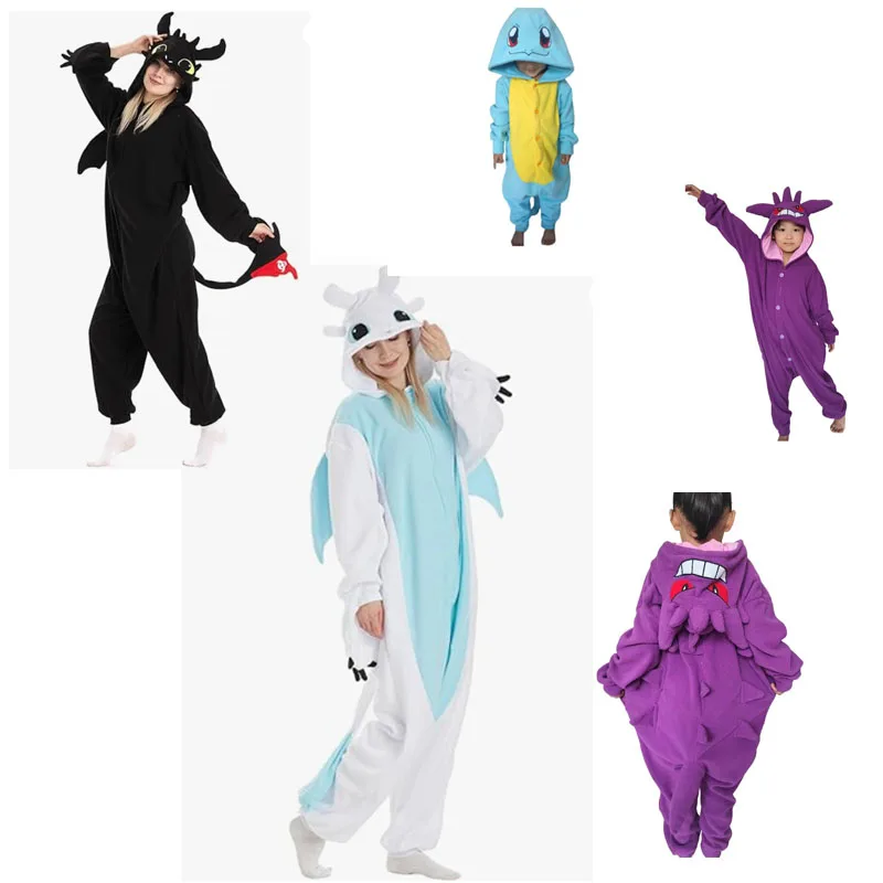 코스프레 핫세일 폴라플리스 만화 동물 결합형 검은 용과 흰 용 잠옷 커플 홈웨어 도매