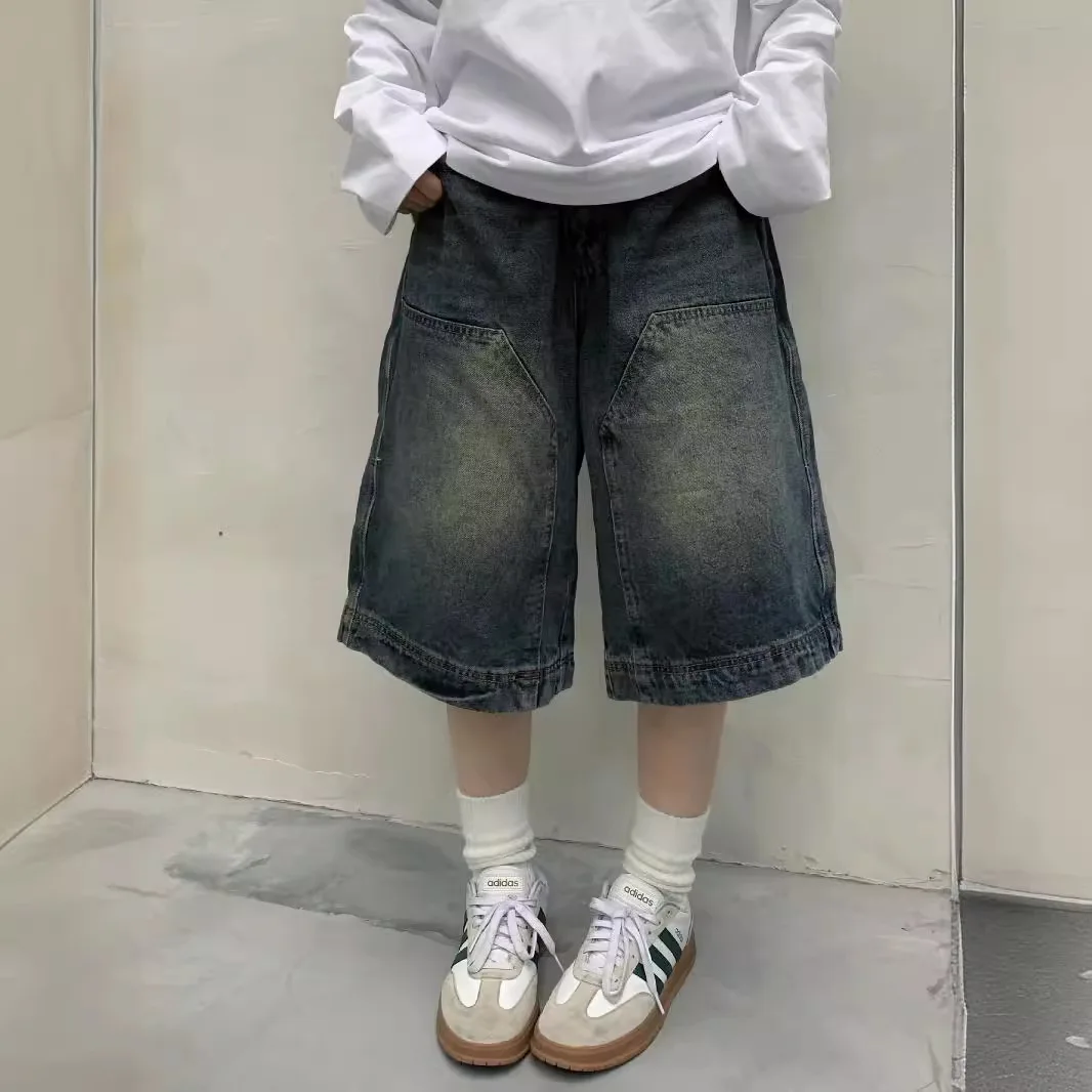 Women Y2K Vintage Baggy Jean Shorts Washed Wide Leg Capri Pants Casual Barrel Jeans Denim Shorts Mens Oversized Jorts Streetwear