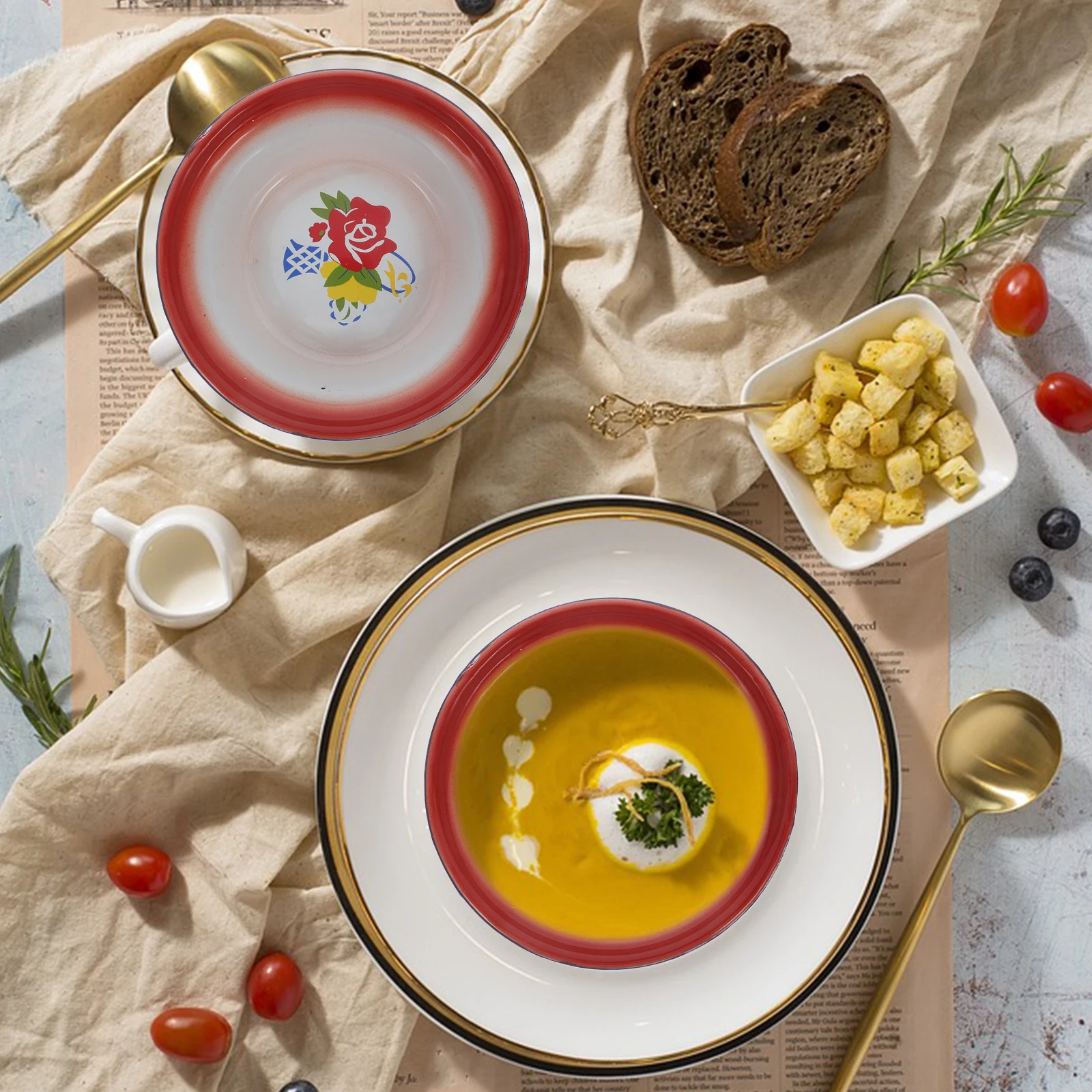 

5 шт., винтажные миски, утолщенная ретро-таз для салата, овощная миска для смешивания теста, лапши, супа, кемпинга, кухни, сервировочная миска