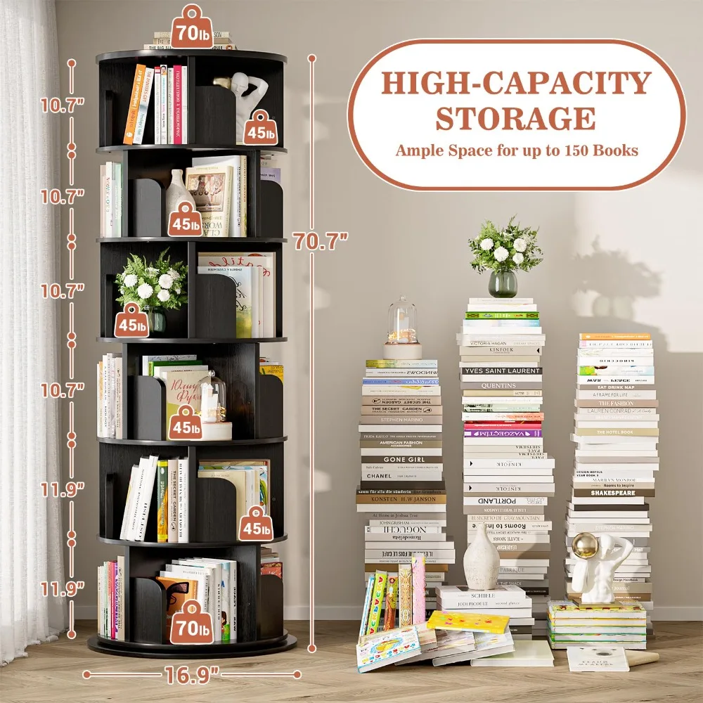 6 Tier Wood Rotating Bookshelf, 360° Spinning Book Shelf Tower