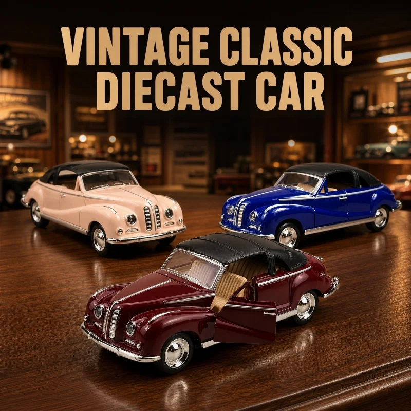 1/32 multi-colored retro soft-top convertible alloy model, featuring an open-door design, classic retro scene decorations, and d