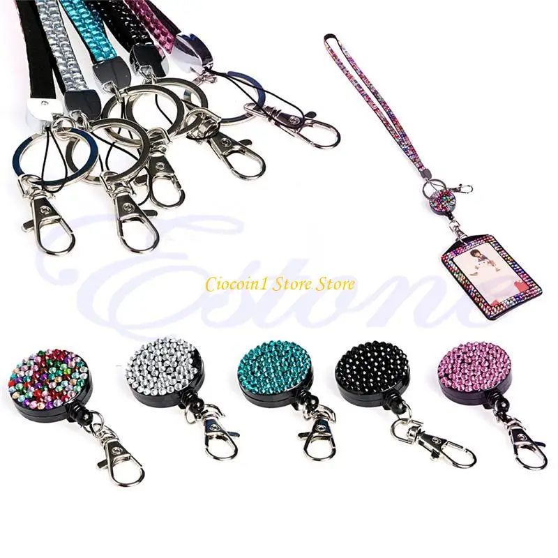 A3PC Resin Diamond Bling Neck Lanyard Retractable Badge Reel Phone for Key Holder