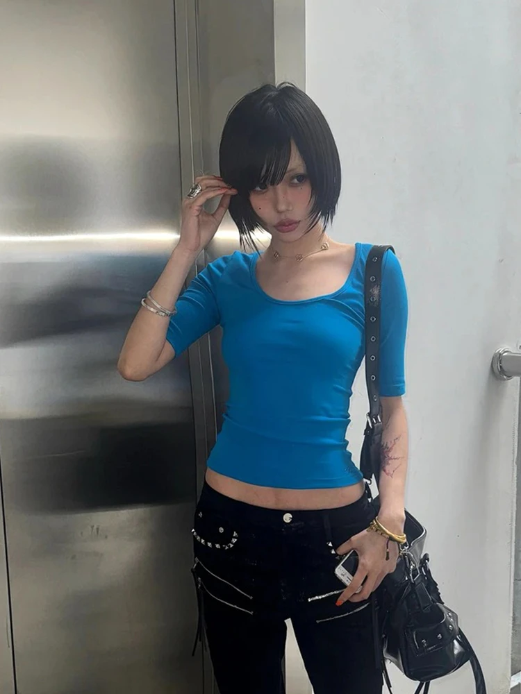 Tonngirls Aesthetic 2000s T-shirt Women Half Sleeve Slim Crop Tops Y2k Fairycore Vintage Tops Streetwear Square Collar Tshirts