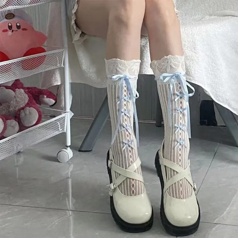 

P8DB Summer Openwork Lace Striped Fishnet Hollows Fishnet Long Knee Length Sock