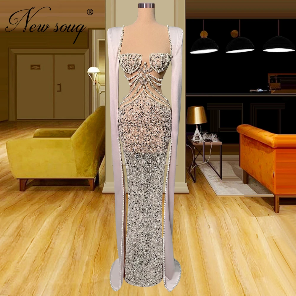 

2023 Long Sleeves Celebrity Dresses Customize Illusion Beading Pearls Evening Dresses For Women Vestido De Noche Party Gowns