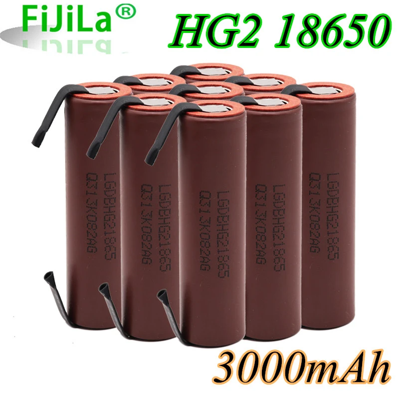 بطارية 18650 HG2 3000mAh مع شرائط بطاريات ملحومة للمفكات 30A تيار عالي + نيكل ذاتي الصنع inr18650 hg2