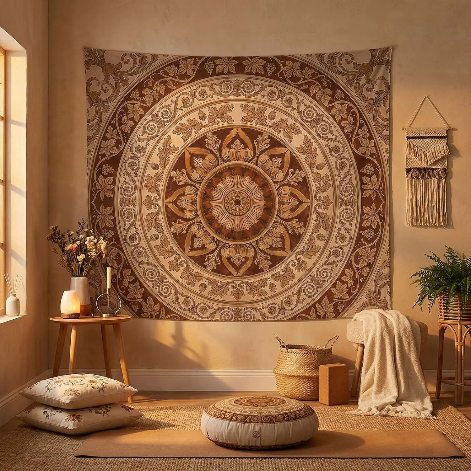 Vintage Woodcut Mandala Tapestry, Antique Brown Medallion Wall Decor, Classical Floral Carving Wall Hanging for Study Room