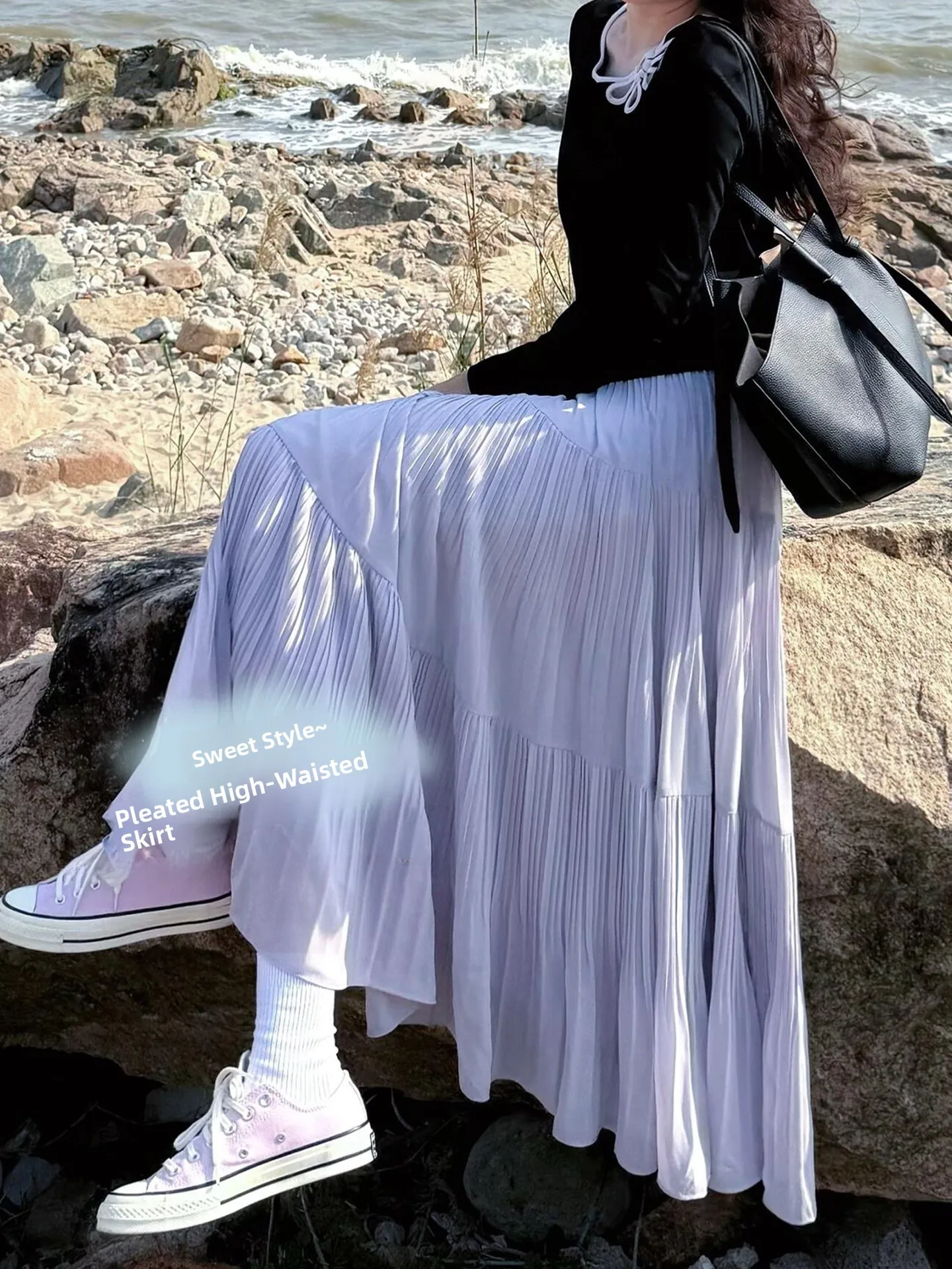 

plus Size Women's Purple Gentle Wind Pleated Long Skirt High Waist Slim A-Line Tulle Skirt Spring Summer Folded Half-length S...