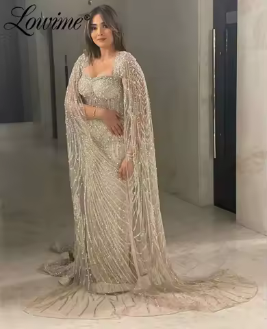 Luxurious Heavy Beads Arabic Evening Dresses Customized Cape Sleeve Formal Occasion Dress Tassels Pearl Crystal Women Prom Dress