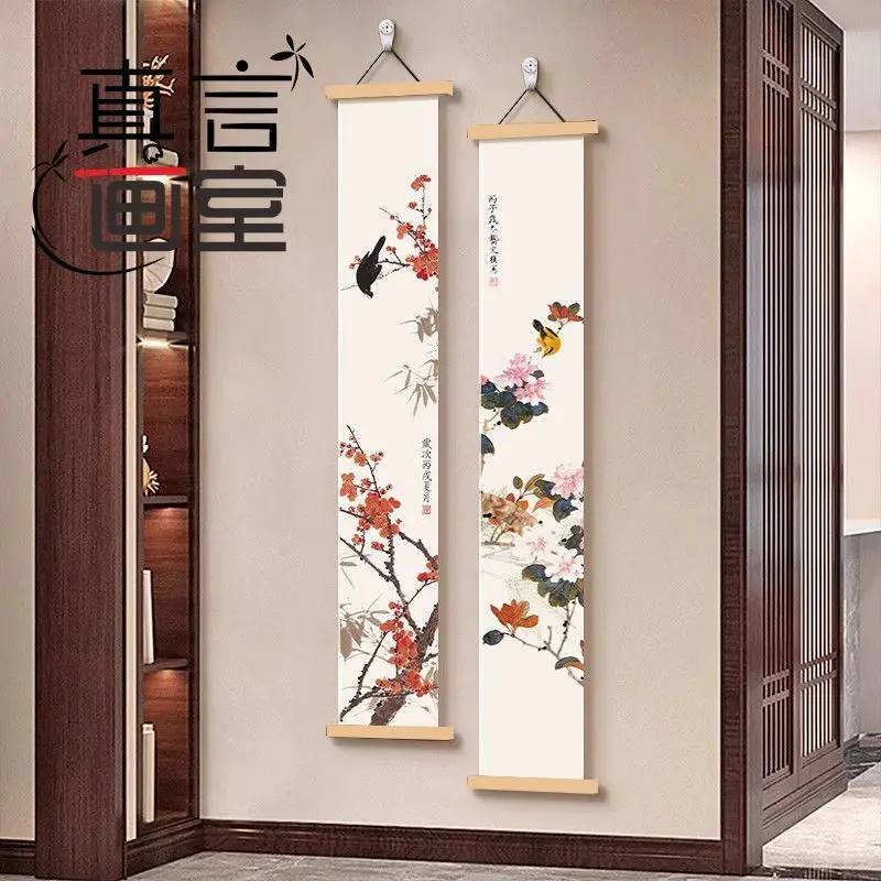 Chinese Style Bird Blossom Scroll Wall Art Oriental Hanging Painting for Entrance Tea Room Tatami Room Aesthetic Room Decor