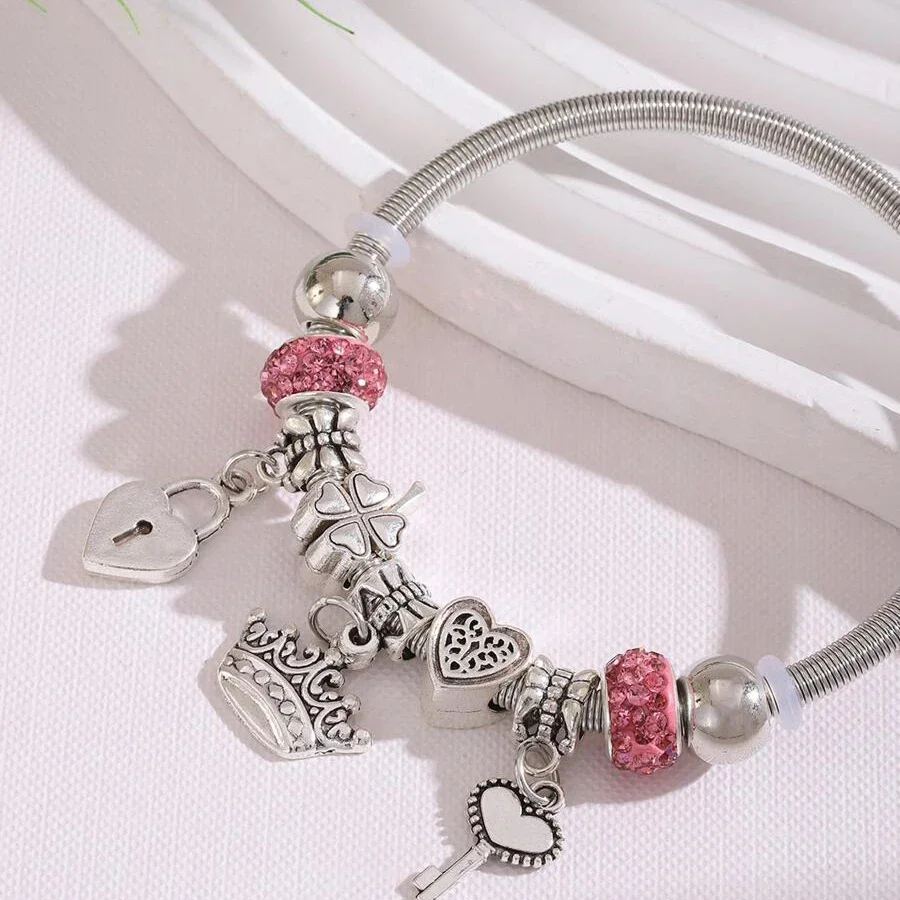 Obega Key Lock Crown Charm Bracelet Pink Glass Beads Elephant Bear Fatima Hand Clock Charm Bracelets Women Jewelry Love Gift