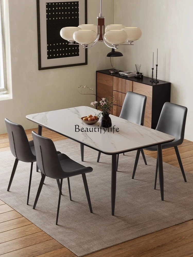 Black rock slab dining table Modern simple light luxury rectangular carbon steel dining table