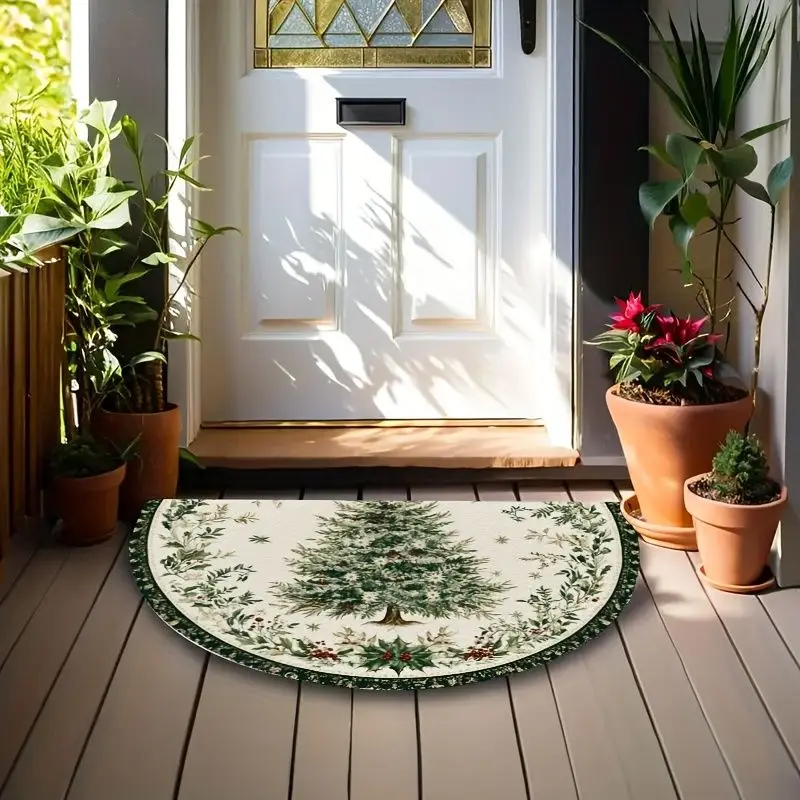 VIKAMA Half Round Christmas Doormat Green Botanical Berry Wreath Welcome Mat Non Slip Absorbent Floor Rug for Front Door Xmas