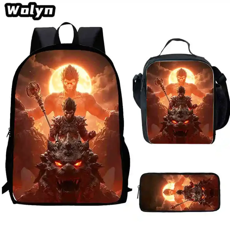 

Cartoon Black Anime Myth Wu-King School Backpack With Lunch Bags Pencil Bags School Bags for Boys Girls Best Gift