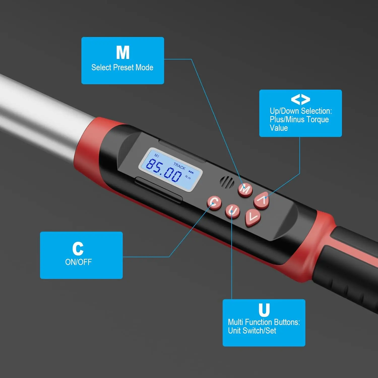 Llave dinamométrica digital con accionamiento de 3/4 pulgadas, 32-626 pies-lb./42,5-850 Nm, doble dirección, 4 modos de medición, par electrónico resistente