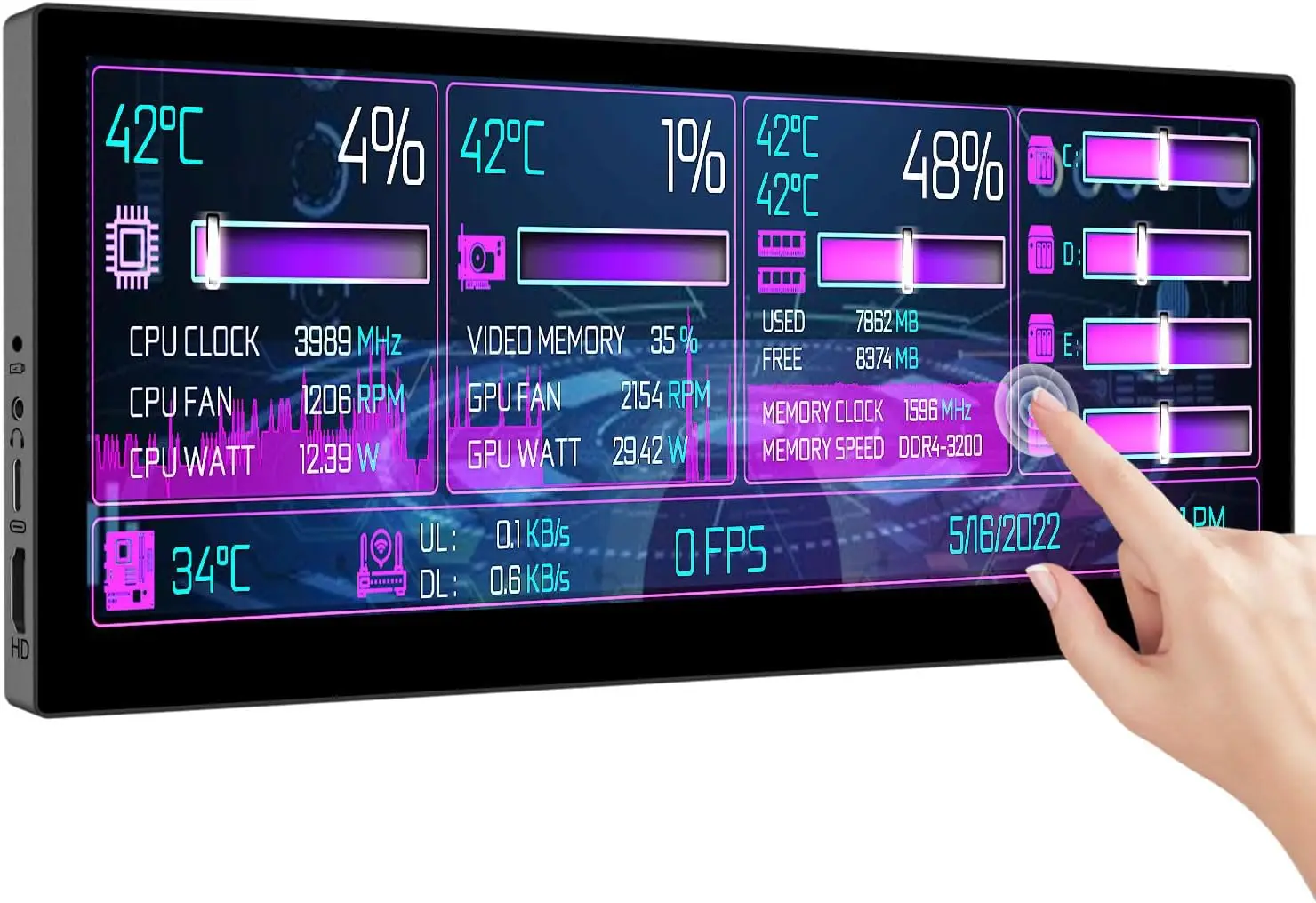 Monitor Portátil de 10.3 Pulgadas con Pantalla Táctil, 60hz, Altavoz, Pantalla IPS, HDMI, USB-C, para Laptop, PC, GPU, CPU, Monitoreo AIDA64