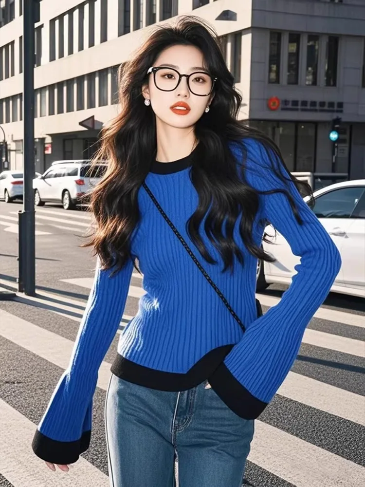 Autumn Winter Chic Color Block Thick Knitted Pullovers Women's Slimming O-neck Elegant Flare Sleeve Casual Sweaters