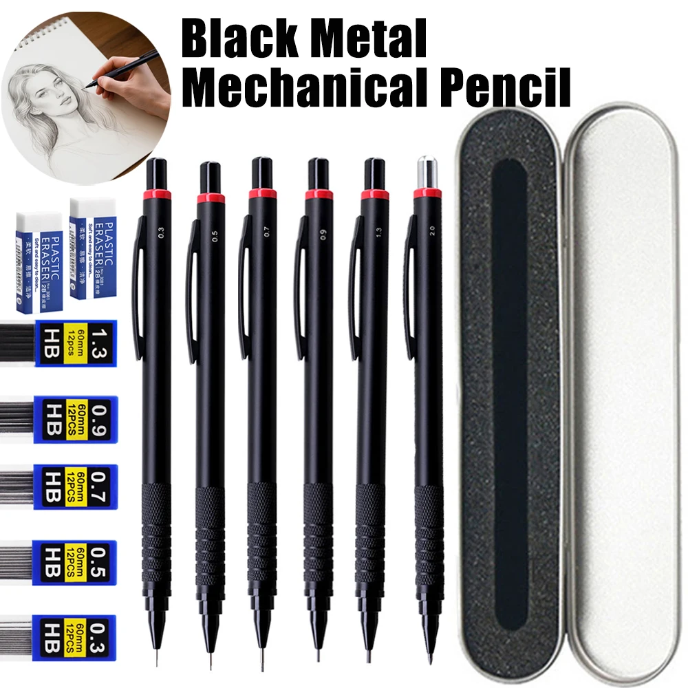 

0.3-2.0mm Metal Black Automatic Pencil with Box and Eraser Non Slip Grip Built-in Pencil Sharpener Sketching Office Stationery