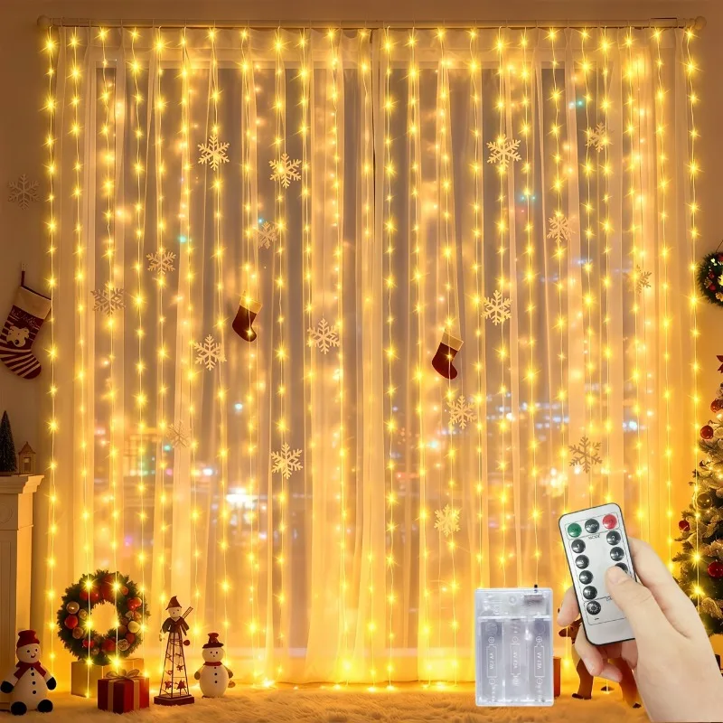 Remote Control Battery Curtain Lights 8 Lighting Modes 100‑600LED Warm White Multi‑Color Fairy Lamp for Party Holiday Decoration