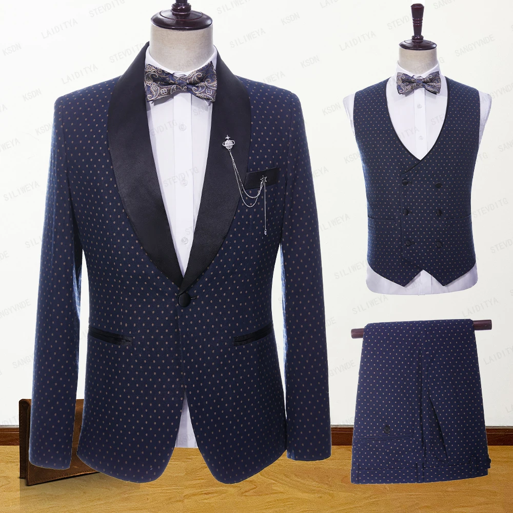 2023 New Men Summer Wedding Blue Linen Suits Khaki Dots Black Satin Lapel Business Formal Slim Fit 3 Pcs Set Jacket Vest Pants