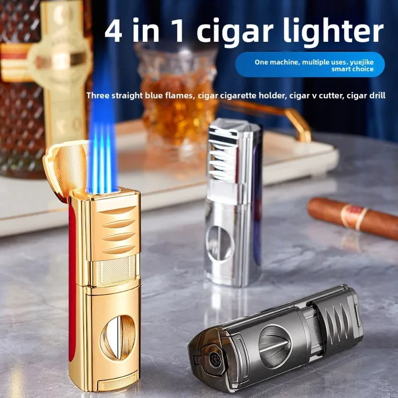 

New Portable Outdoor Windproof Cigar Lighter 4-in-1 Metal Cigar Specific Turbo Butane Gas Lighter Men's High-end Gift