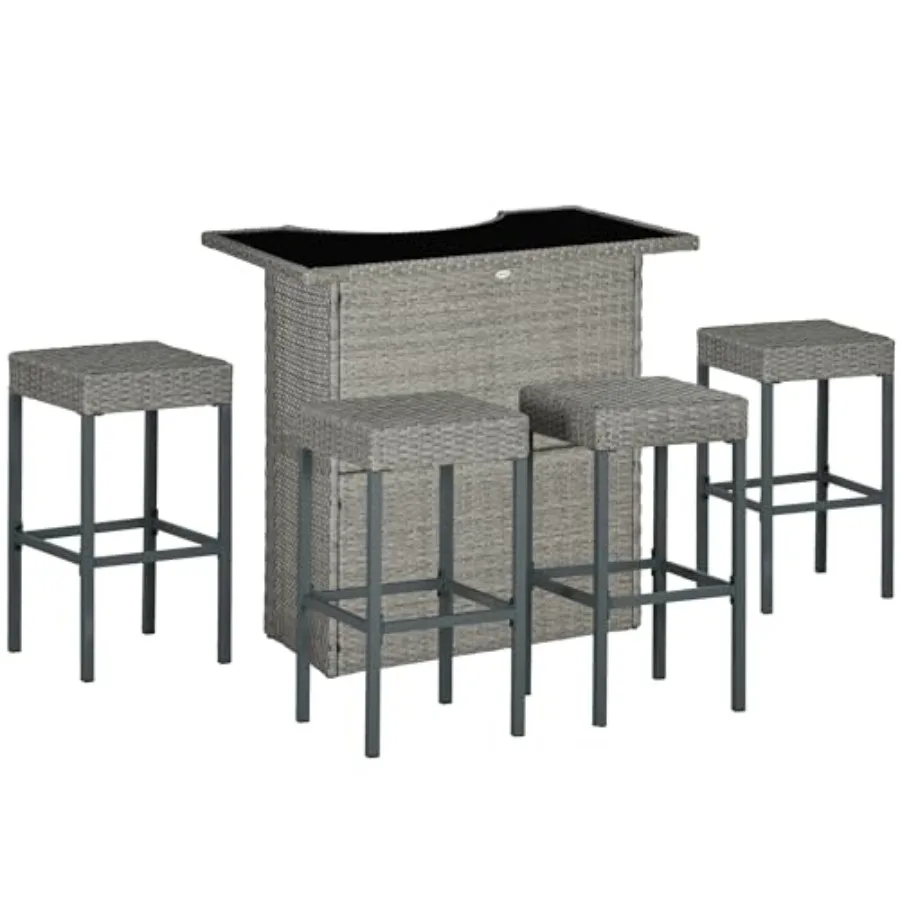 

5 Pcs Rattan Wicker Bar Set High Top Outdoor Table and Chairs Gray with Glass Table Top 2 Tier Storage Shelf and 4 Bar Stools f