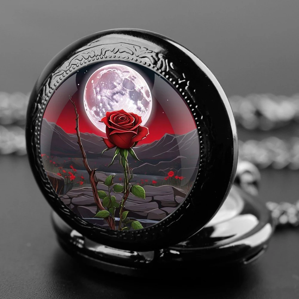 Moonlight Rose-reloj de bolsillo de cuarzo con diseño de cúpula de cristal para hombre y mujer, cadena con colgante, números árabes, regalos para niños