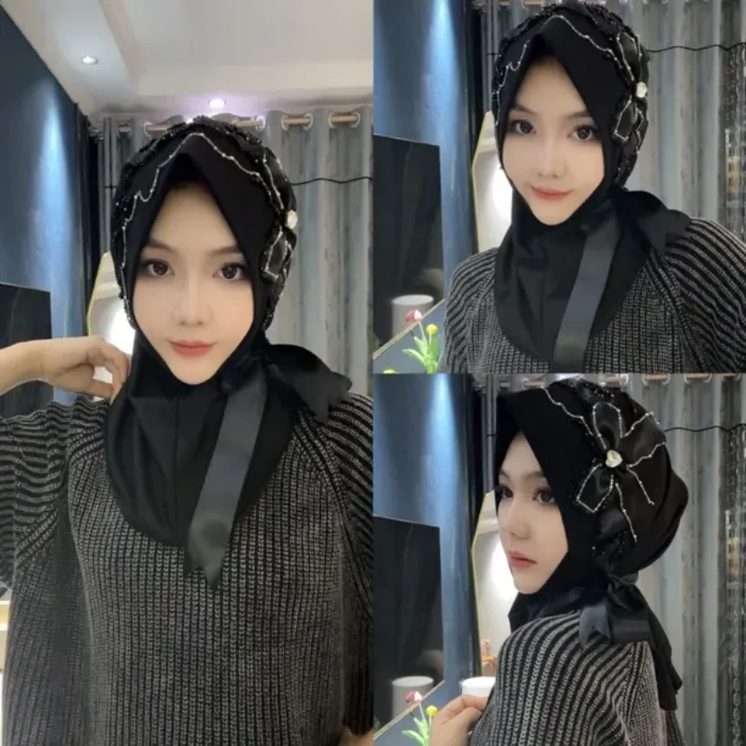 Moslem Women Ribbon Diamonds Easy Hijab Turban Caps