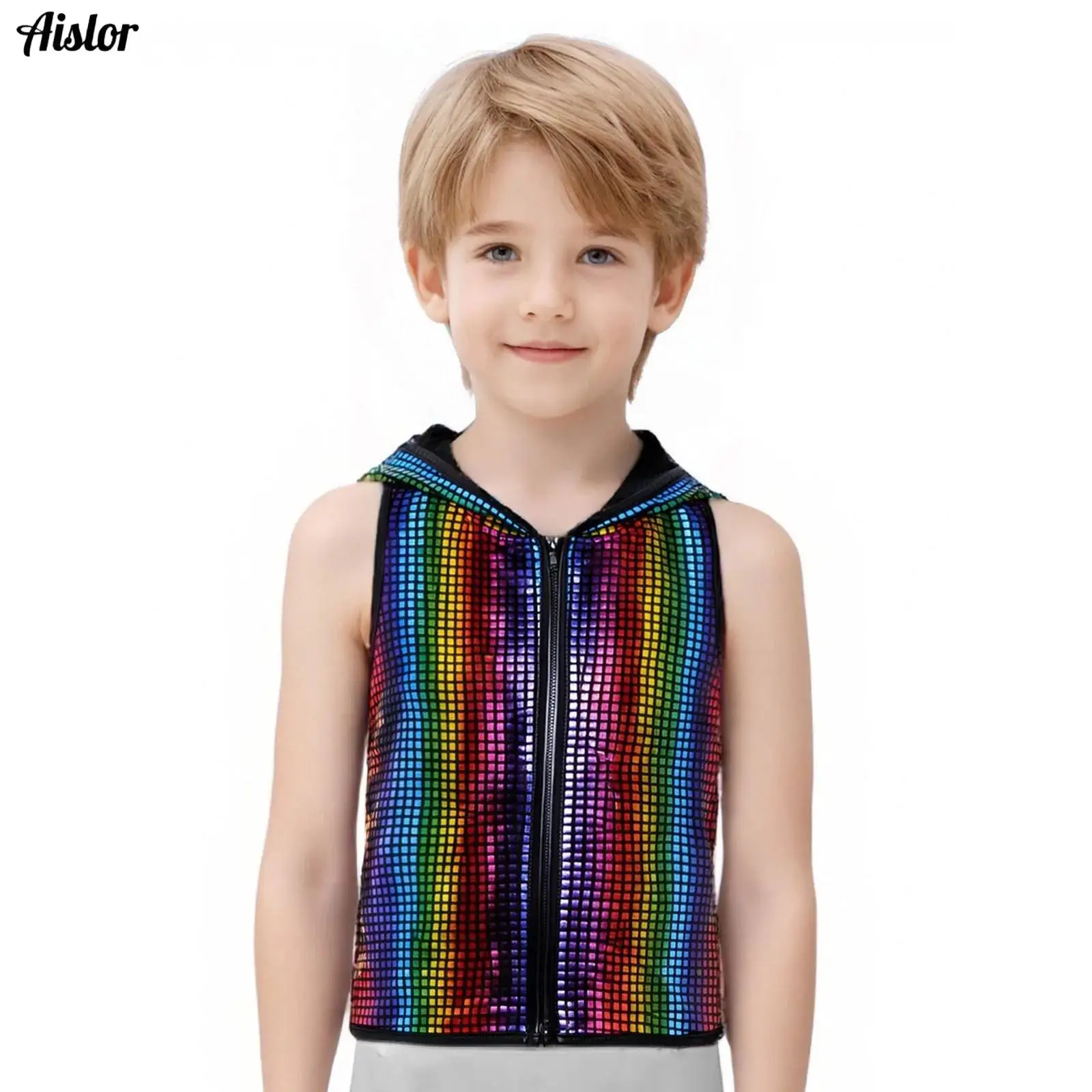 

Unisex Kids Boys Girls Metallic Plaid Racer-Back Hooded Vest Jacket Sleeveless Zipper Waistcoat Jazz Dance Performance Costume