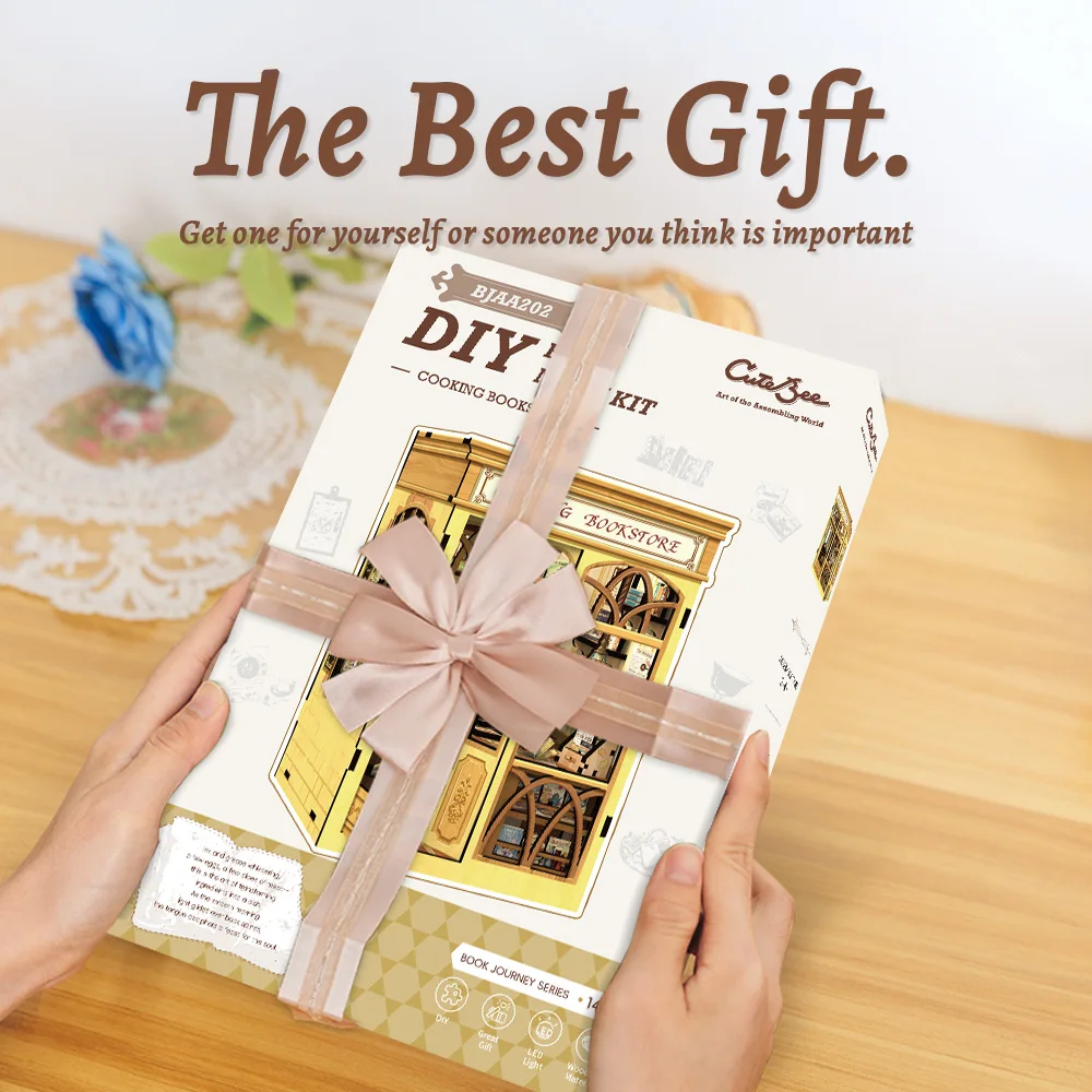 CUTEBEE Book Nook Kit DIY Doll House z półką na książki LED Kolekcja modeli księgarni do gotowania na prezenty urodzinowe dla dzieci