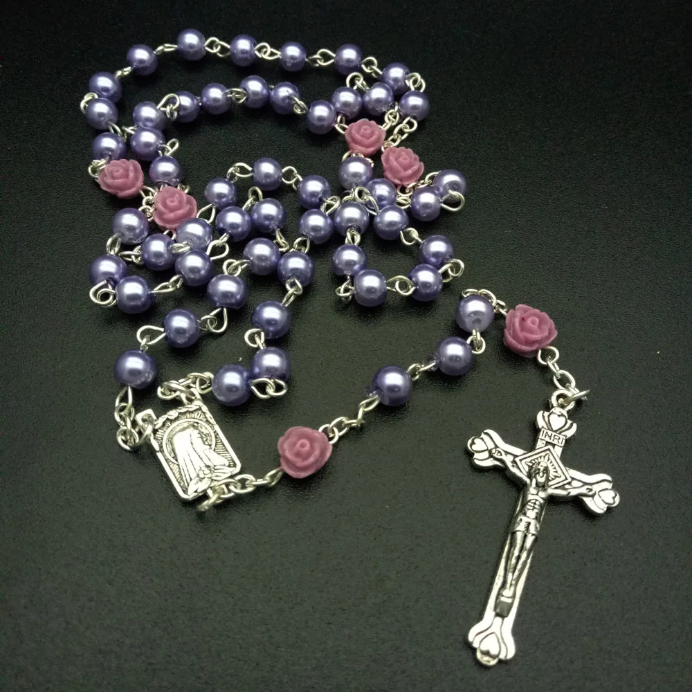 Collar con colgante largo de resina para mujer, Rosario con 6 colores rosa de perla de cristal, Cruz de María Jesús, fe religiosa, regalos de joyería