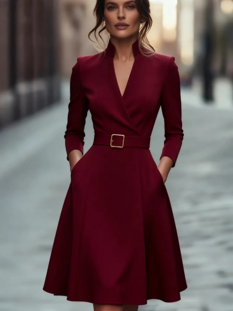 Damen Herbst Winter V-Ausschnitt Langarm A-Linie Rock Schlankheits Taille Gürtel Mittellang Pendlermode – Detail 11