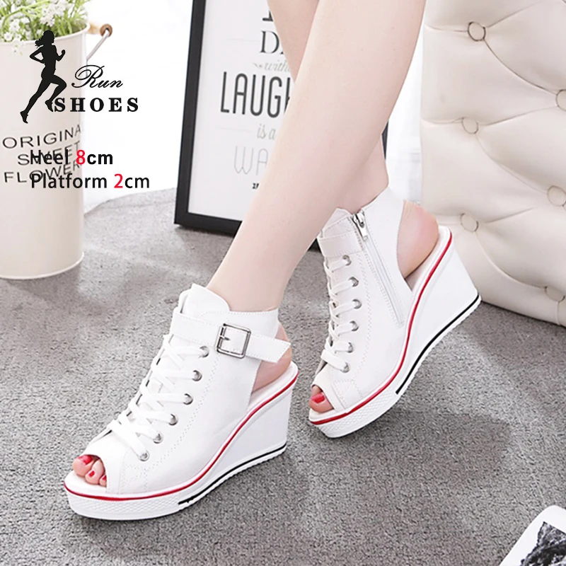 8CM Casual Canvas Shoes 2024 Spring Summer Sexy Peep Toe Hollow Women Shoes Breathable High-top Outdoor Platform Chaussure Femme