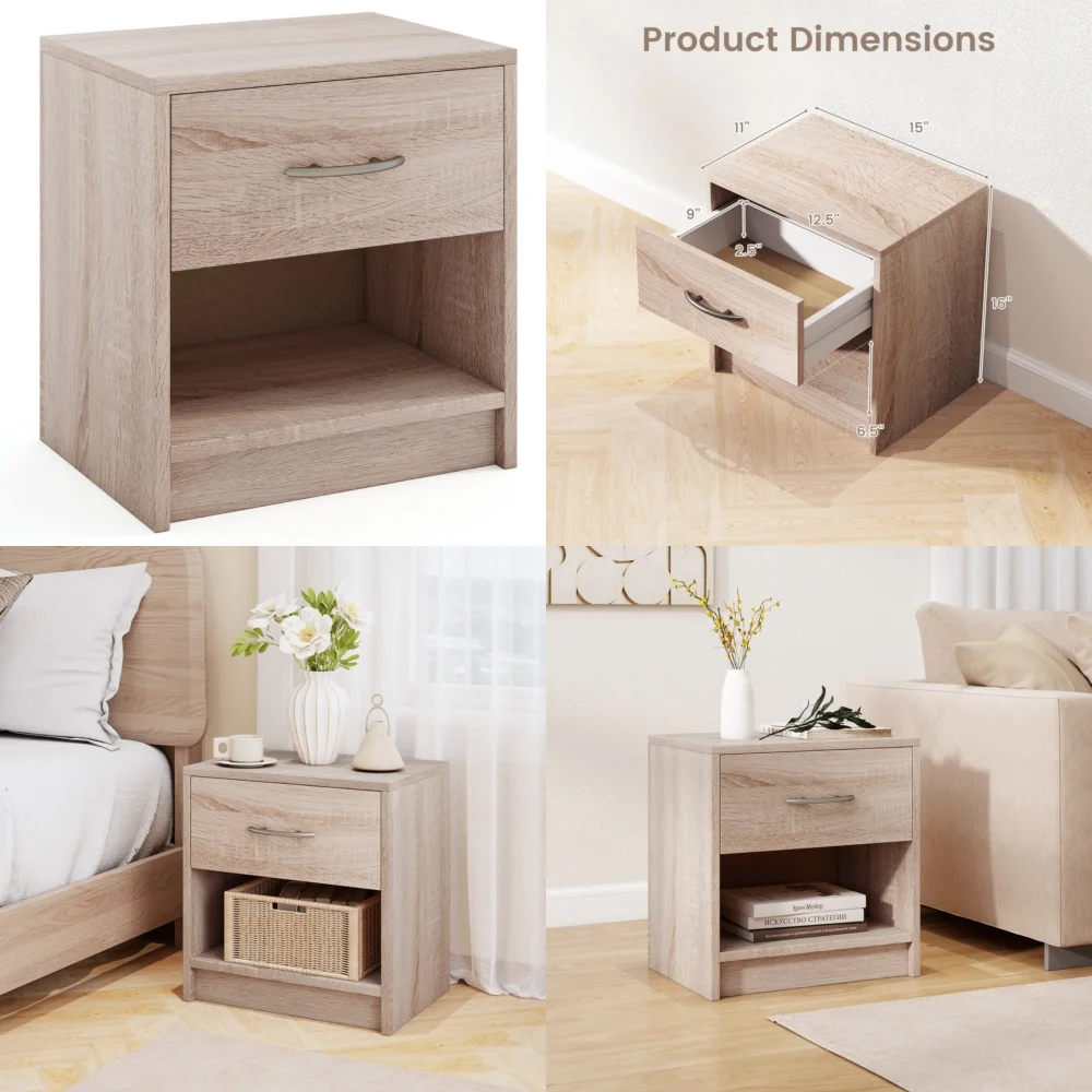 

NightstandsModern Nightstand with Drawer and Open Storage Small Space Bedside Table for Bedroom Minimalist Furniture